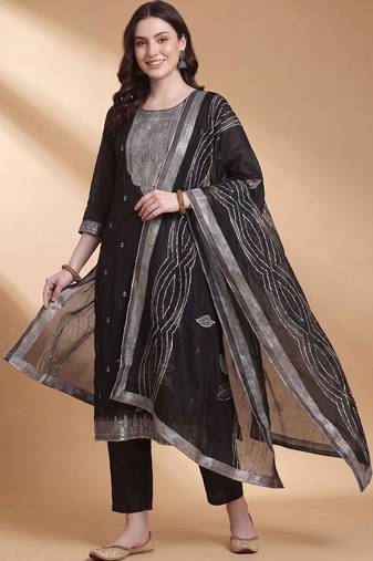 Women Ethnic Woven design Regular Thread Work Kurta With Trousers & Dupatta