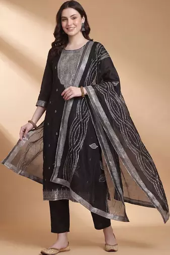 Women Ethnic Woven design Regular Thread Work Kurta With Trousers & Dupatta