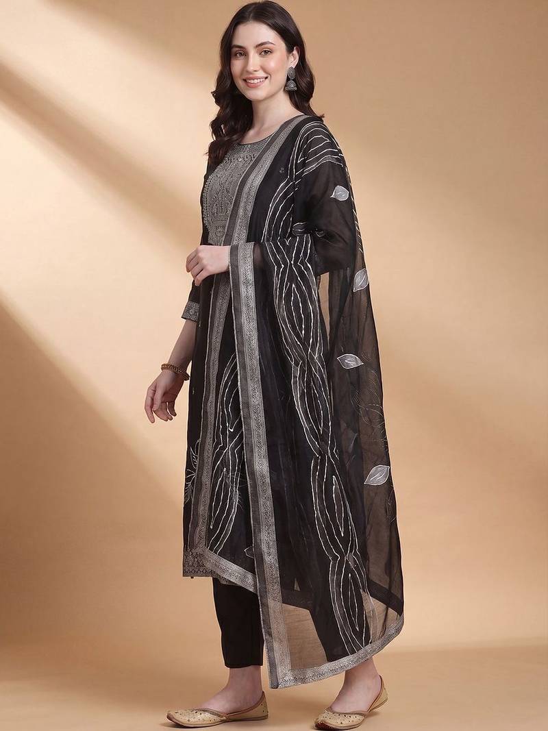 Women Ethnic Woven design Regular Thread Work Kurta With Trousers & Dupatta