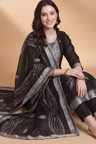 Women Ethnic Woven design Regular Thread Work Kurta With Trousers & Dupatta