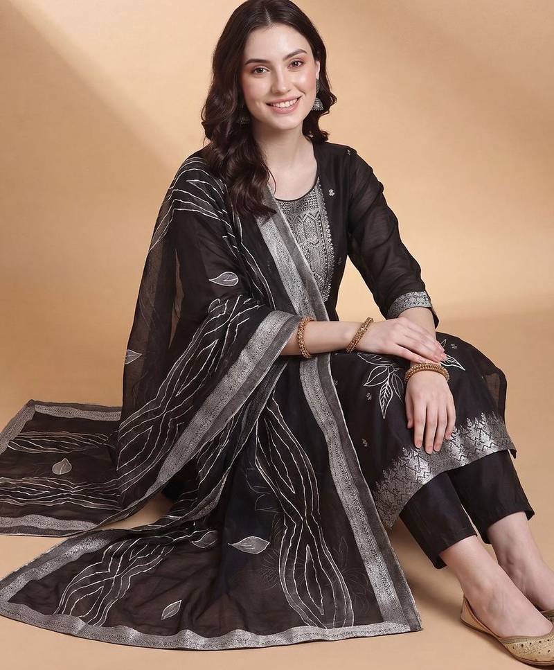 Women Ethnic Woven design Regular Thread Work Kurta With Trousers & Dupatta