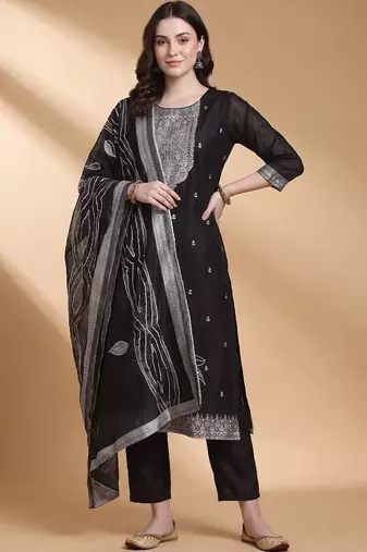 Women Ethnic Woven design Regular Thread Work Kurta With Trousers & Dupatta