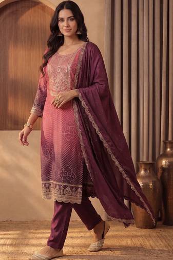 Women Ombre Dyed Regular Thread Work Kurta with Trousers & With Dupatta