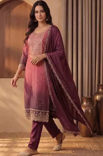 Women Ombre Dyed Regular Thread Work Kurta with Trousers & With Dupatta