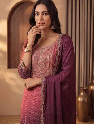 Women Ombre Dyed Regular Thread Work Kurta with Trousers & With Dupatta 2
