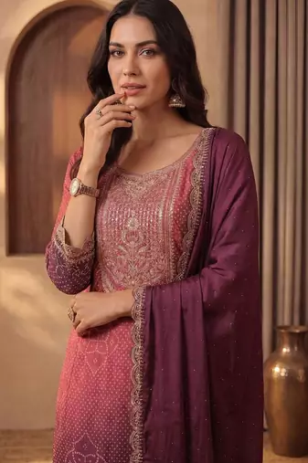 Women Ombre Dyed Regular Thread Work Kurta with Trousers & With Dupatta