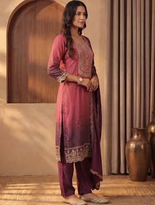 Women Ombre Dyed Regular Thread Work Kurta with Trousers & With Dupatta 3