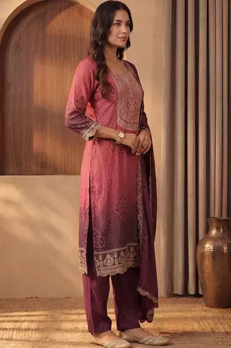 Women Ombre Dyed Regular Thread Work Kurta with Trousers & With Dupatta