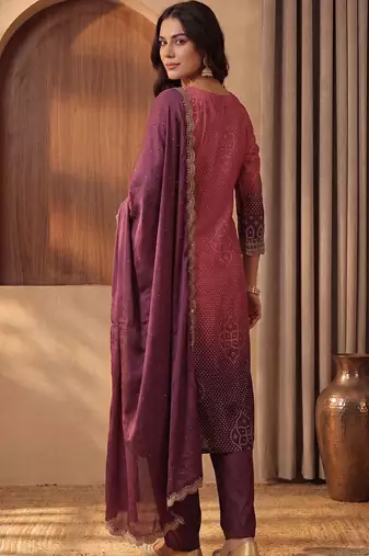 Women Ombre Dyed Regular Thread Work Kurta with Trousers & With Dupatta