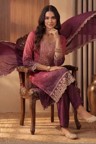 Women Ombre Dyed Regular Thread Work Kurta with Trousers & With Dupatta