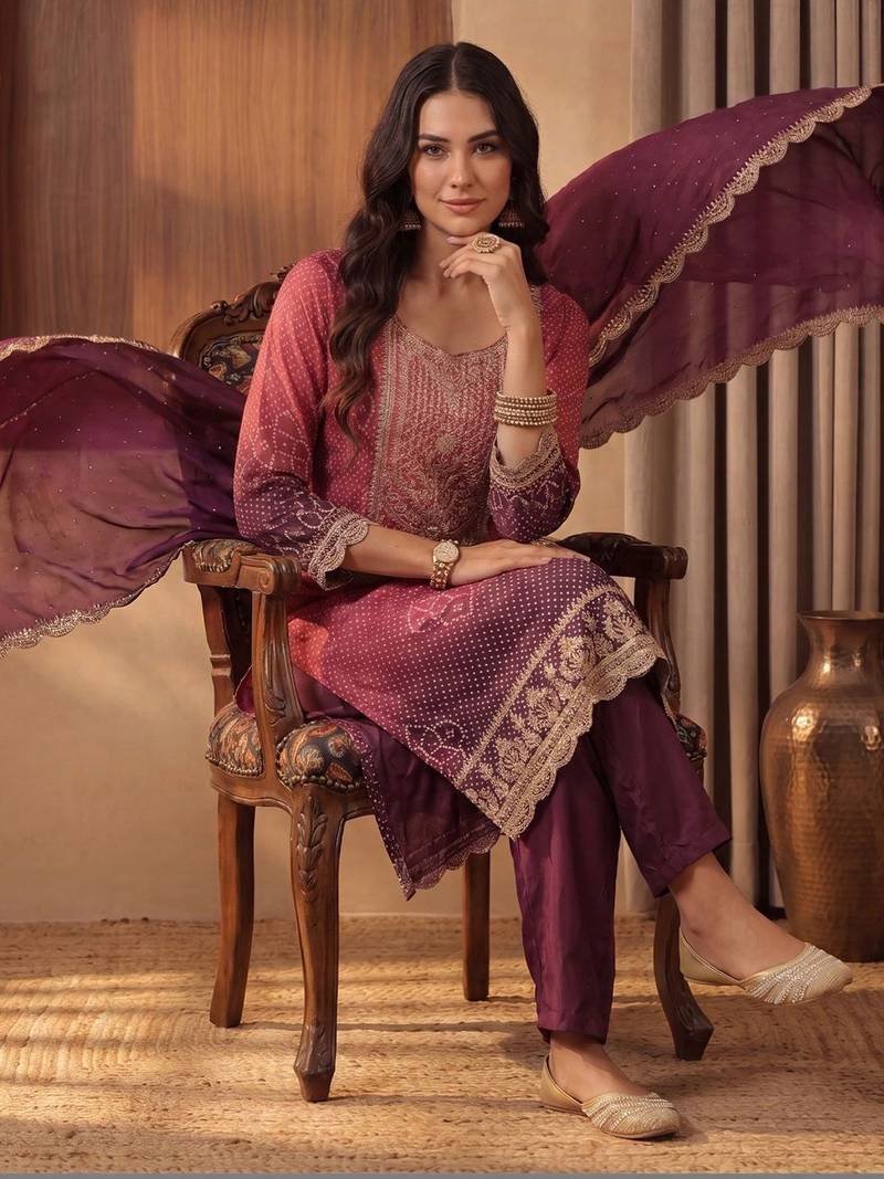 Women Ombre Dyed Regular Thread Work Kurta with Trousers & With Dupatta