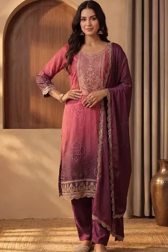 Women Ombre Dyed Regular Thread Work Kurta with Trousers & With Dupatta