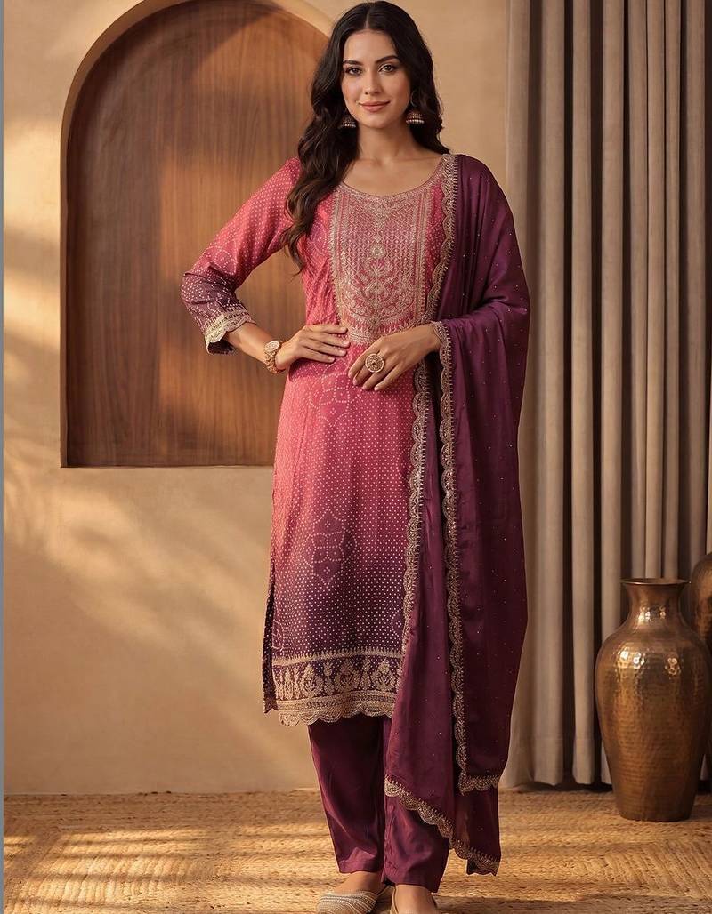 Women Ombre Dyed Regular Thread Work Kurta with Trousers & With Dupatta