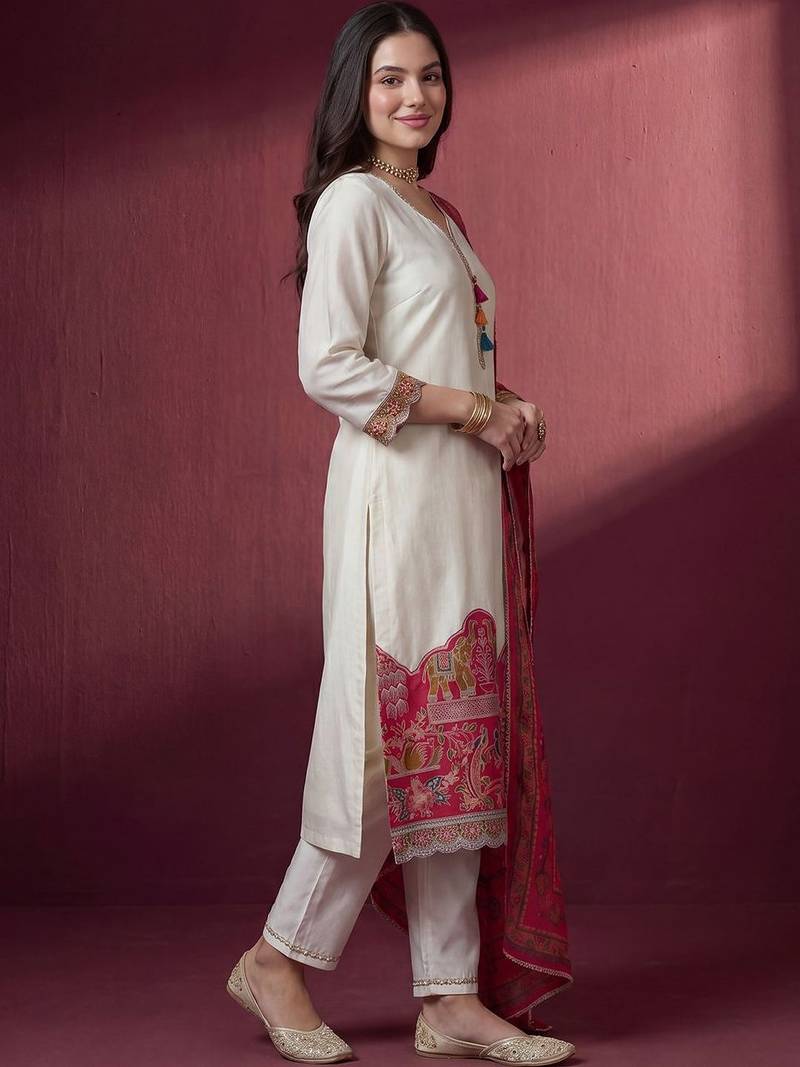 Women Ethnic Motifs Regular Thread Work Kurta with Trousers & With Dupatta