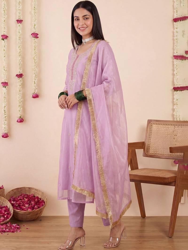 Women Ethnic Motifs Embroidered Regular Thread Work Kurta with Trousers & With Dupatta