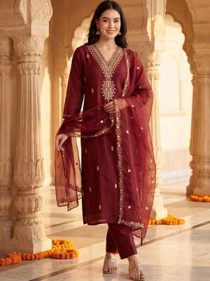 Women Ethnic Motifs Embroidered Regular Kurta with Trousers & With Dupatta 4