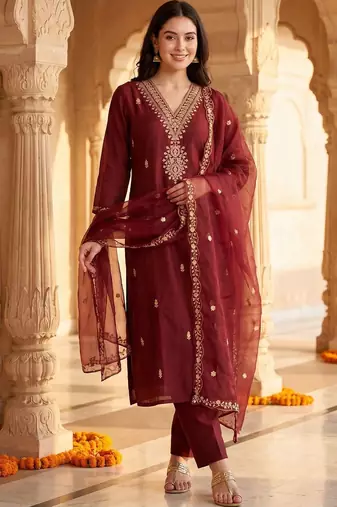 Women Ethnic Motifs Embroidered Regular Kurta with Trousers & With Dupatta