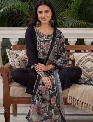 Women Floral Embroidered Regular Mirror Work Kurta with Trousers & With Dupatta 1