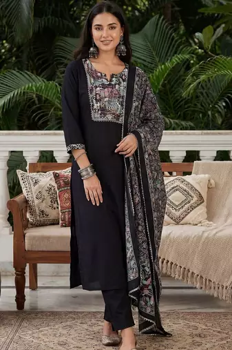Women Floral Embroidered Regular Mirror Work Kurta with Trousers & With Dupatta