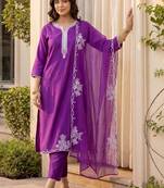 Women Ethnic Motifs Embroidered Regular Thread Work Liva Kurta with Trousers & With Dupatta