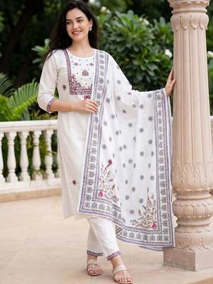 Women Ethnic Motifs Embroidered Regular Thread Work Pure Cotton Kurta with Trousers & With Dupatta 1