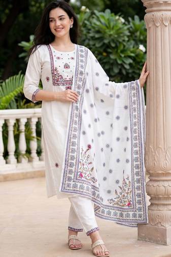 Women Ethnic Motifs Embroidered Regular Thread Work Pure Cotton Kurta with Trousers & With Dupatta