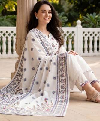 Women Ethnic Motifs Embroidered Regular Thread Work Pure Cotton Kurta with Trousers & With Dupatta 2