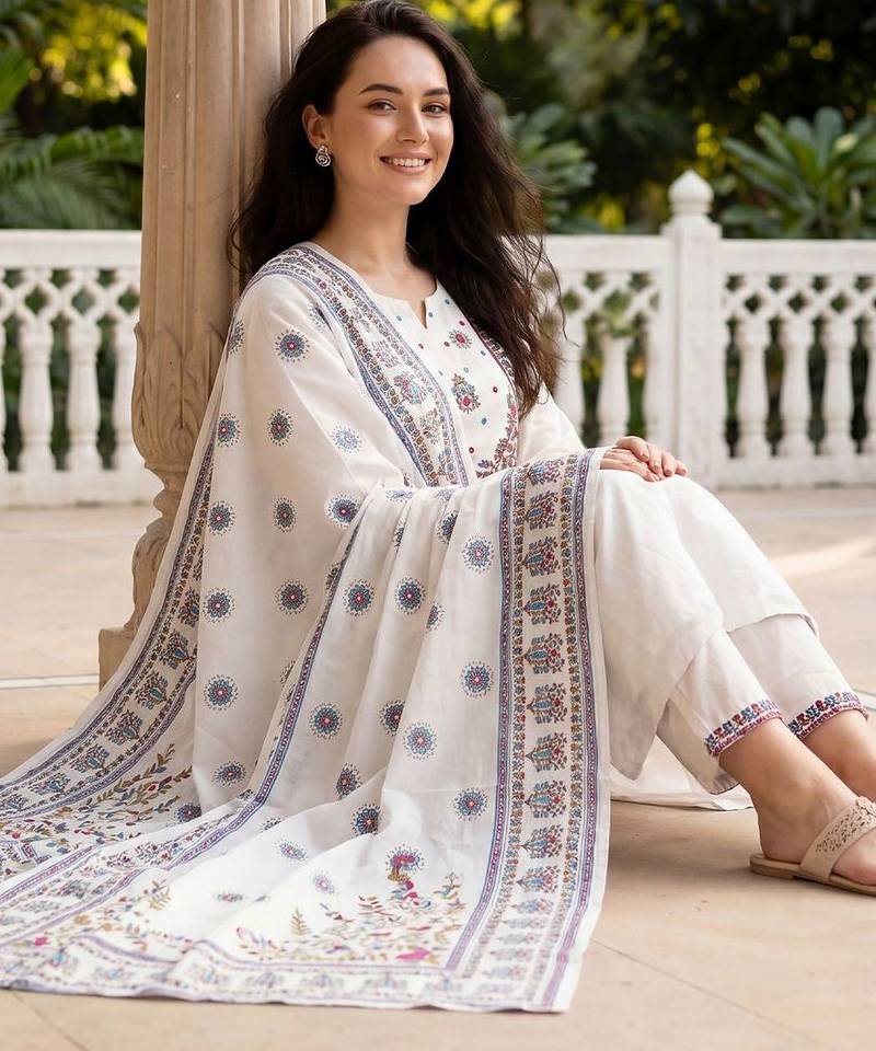 Women Ethnic Motifs Embroidered Regular Thread Work Pure Cotton Kurta with Trousers & With Dupatta