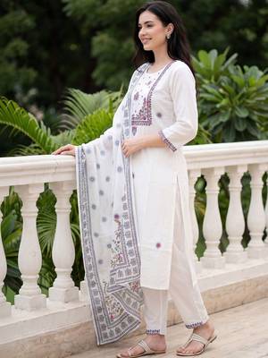 Women Ethnic Motifs Embroidered Regular Thread Work Pure Cotton Kurta with Trousers & With Dupatta 4