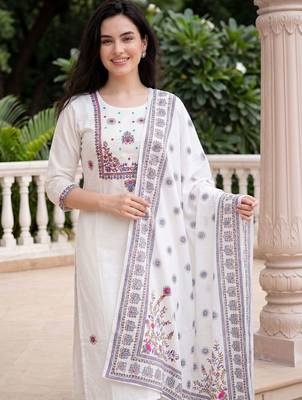 Women Ethnic Motifs Embroidered Regular Thread Work Pure Cotton Kurta with Trousers & With Dupatta 5