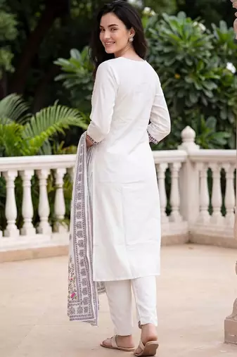 Women Ethnic Motifs Embroidered Regular Thread Work Pure Cotton Kurta with Trousers & With Dupatta