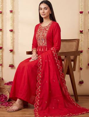 Women Ethnic Motifs Embroidered Empire Thread Work Kurta with Trousers & With Dupatta 5