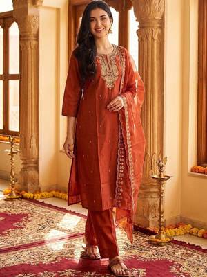 Women Ethnic Motifs Embroidered Regular Thread Work Kurta with Trousers & With Dupatta 1