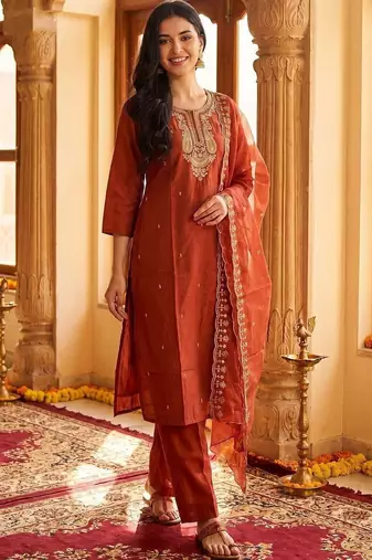 Women Ethnic Motifs Embroidered Regular Thread Work Kurta with Trousers & With Dupatta