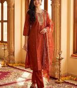 Women Ethnic Motifs Embroidered Regular Thread Work Kurta with Trousers & With Dupatta