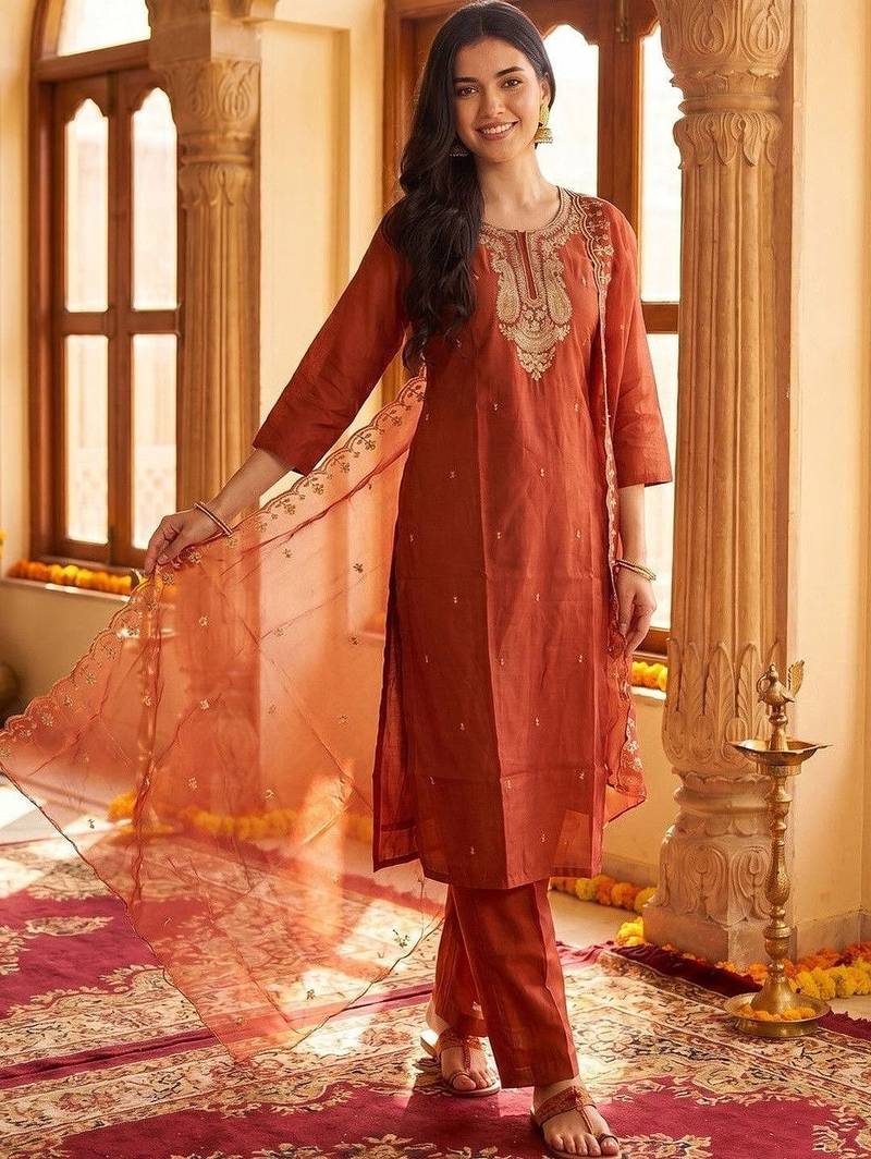 Women Ethnic Motifs Embroidered Regular Thread Work Kurta with Trousers & With Dupatta