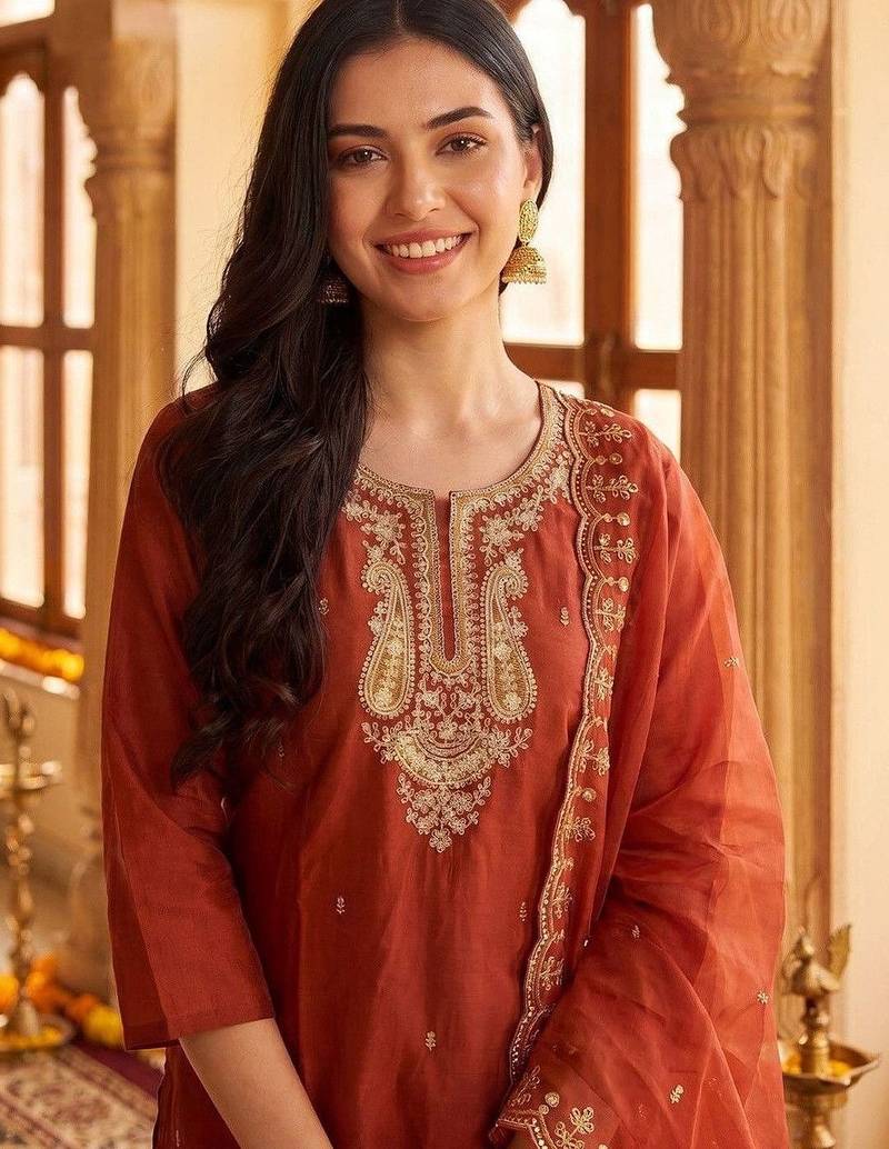 Women Ethnic Motifs Embroidered Regular Thread Work Kurta with Trousers & With Dupatta