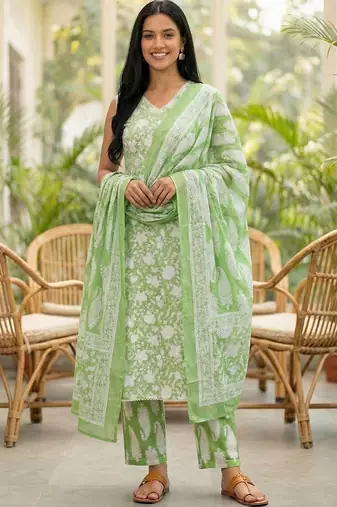 Women Floral Printed Regular Pure Cotton Kurta with Trousers & With Dupatta