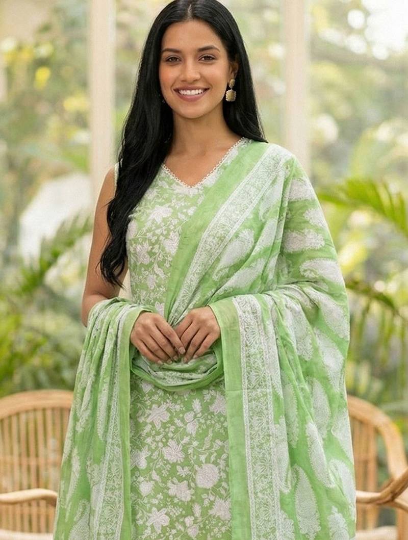 Women Floral Printed Regular Pure Cotton Kurta with Trousers & With Dupatta
