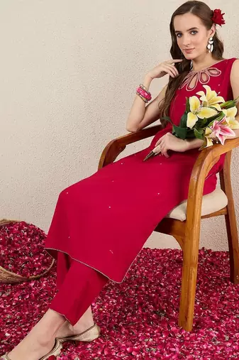 Women Embroidered Regular Thread Work Kurta with Trousers