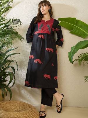Women Animal Printed Empire Thread Work Pure Cotton Kurta with Trousers 1