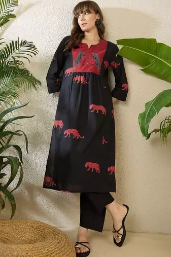 Women Animal Printed Empire Thread Work Pure Cotton Kurta with Trousers