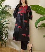 Women Animal Printed Empire Thread Work Pure Cotton Kurta with Trousers