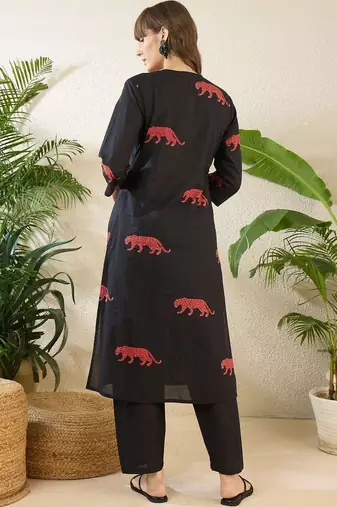 Women Animal Printed Empire Thread Work Pure Cotton Kurta with Trousers