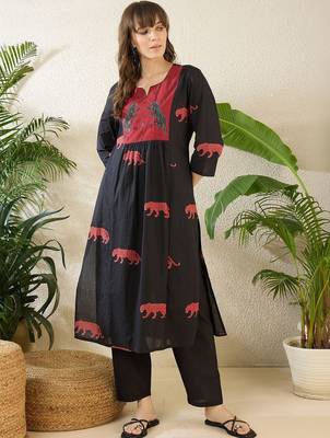 Women Animal Printed Empire Thread Work Pure Cotton Kurta with Trousers 7