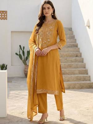 Women Ethnic Motifs Embroidered Regular Thread Work Pure Cotton Kurta with Trousers & With Dupatta 1