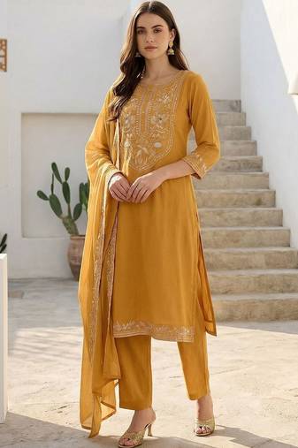 Women Ethnic Motifs Embroidered Regular Thread Work Pure Cotton Kurta with Trousers & With Dupatta