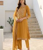 Women Ethnic Motifs Embroidered Regular Thread Work Pure Cotton Kurta with Trousers & With Dupatta