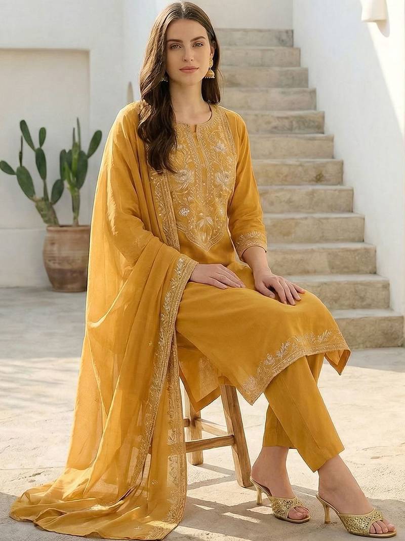 Women Ethnic Motifs Embroidered Regular Thread Work Pure Cotton Kurta with Trousers & With Dupatta