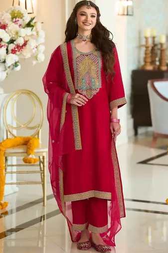 Women Ethnic Motifs Embroidered Regular Thread Work Kurta with Trousers & With Dupatta